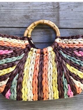 MMS Design Studio Multicolor Braided Straw Tote with Bamboo Ring Handles